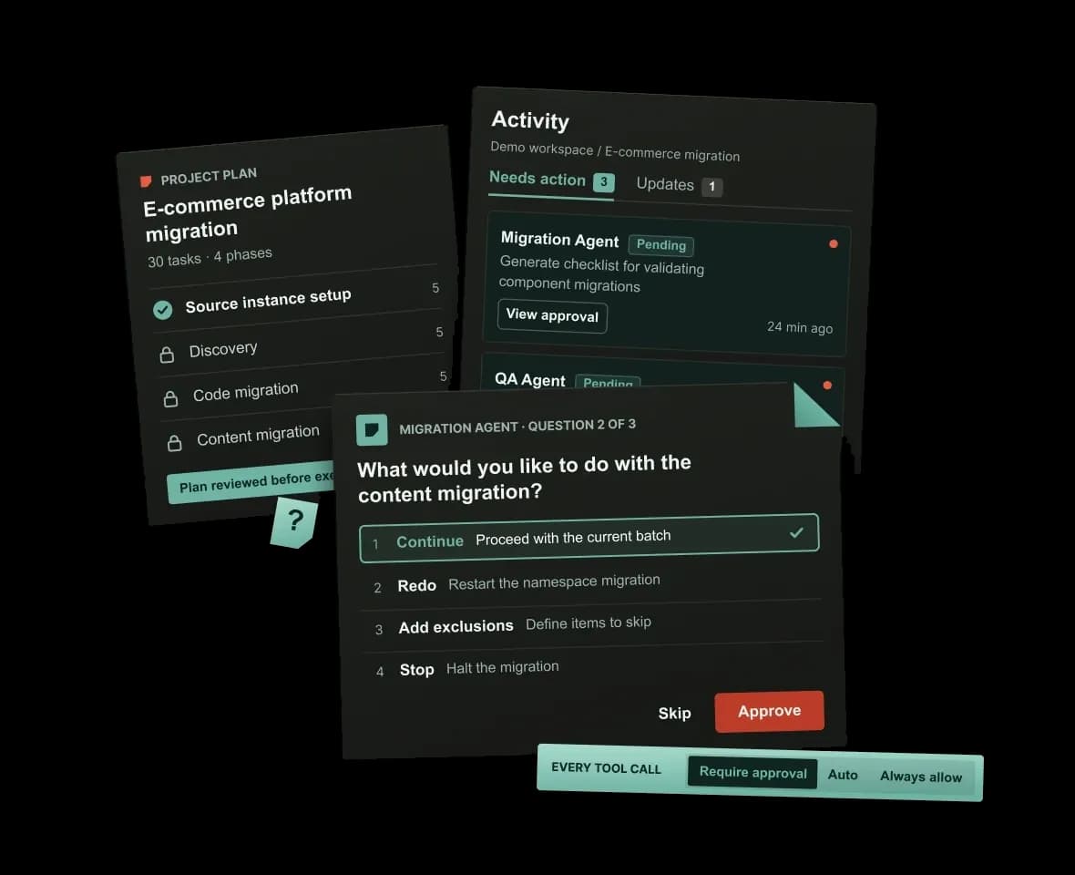 A project plan, an approval centre with pending agent questions and a per-tool approval setting.