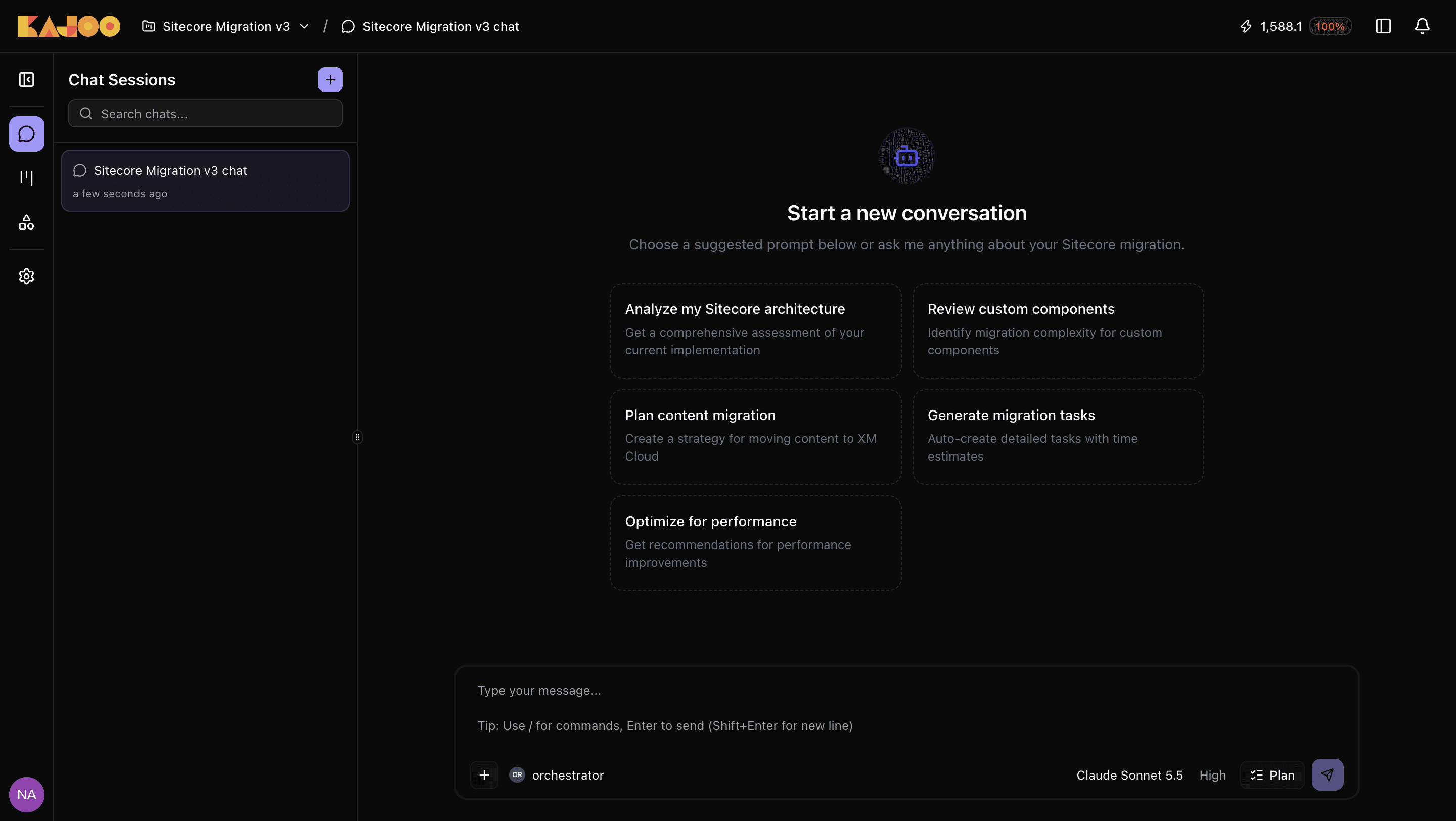 Screenshot of the Kajoo.ai workspace showing a new chat with suggested prompts for a Sitecore migration.