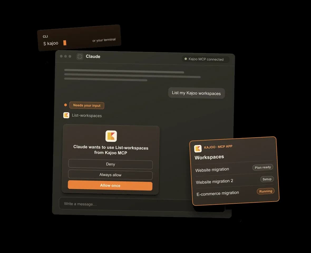 The Kajoo CLI and an AI assistant using the Kajoo MCP server, with a Kajoo app listing workspaces.