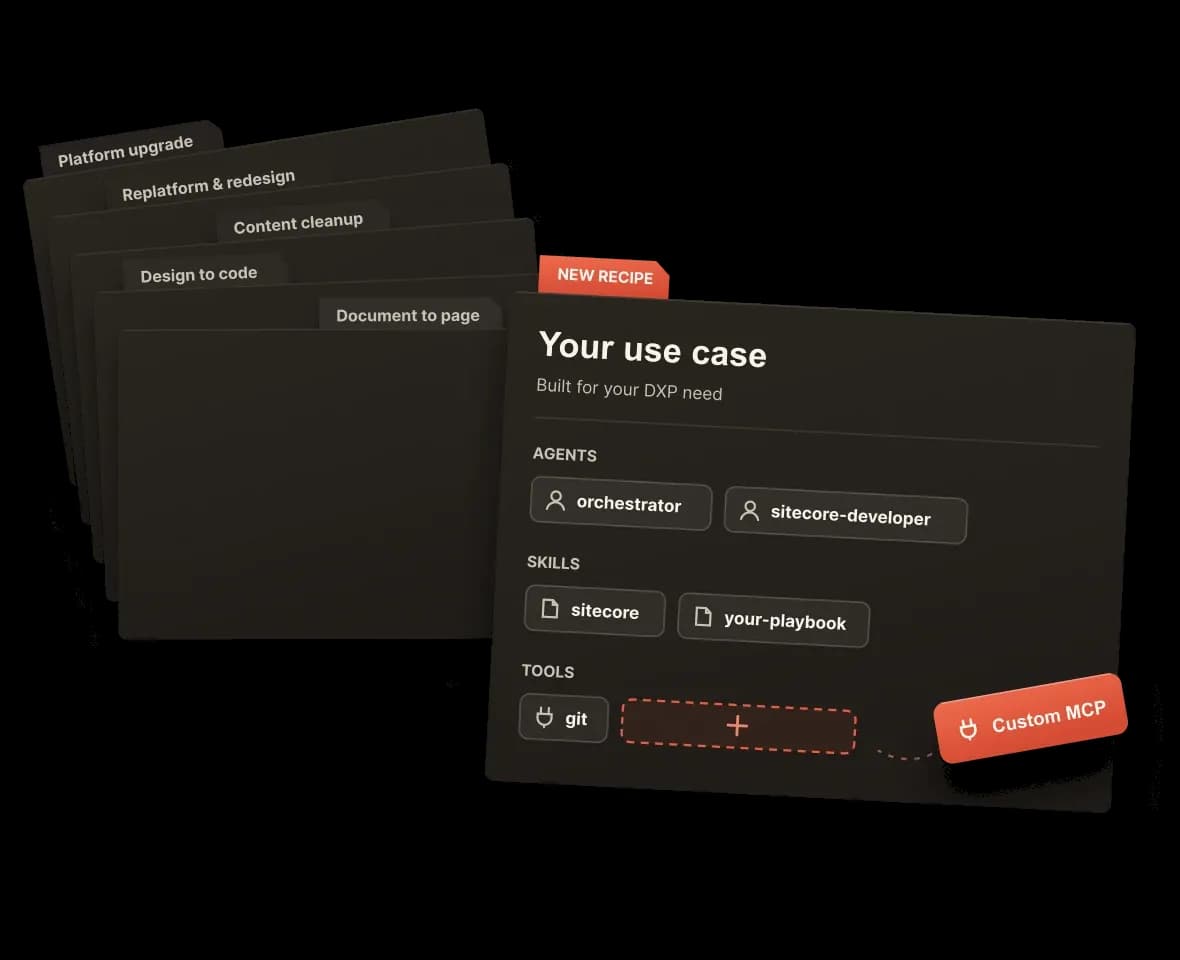 A custom recipe card listing agents, skills and tools for one specific DXP use case.